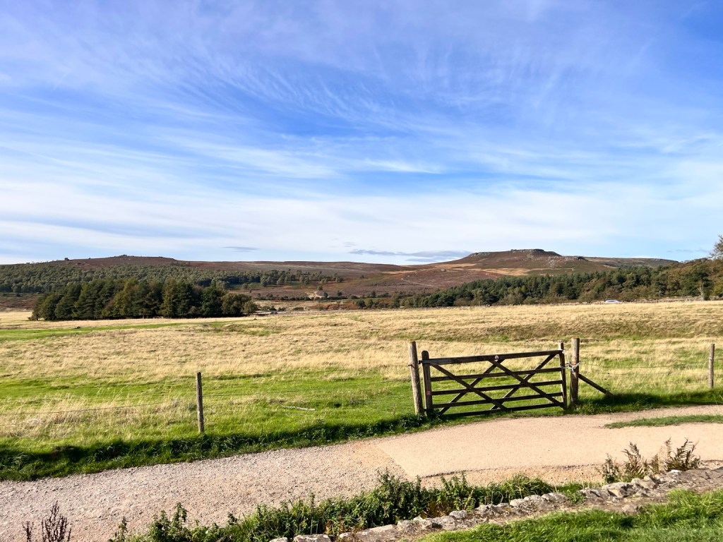 A wooden gate beside a gravel path, with open fields and moorland beyond at Longshaw Estate.